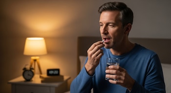 Primer plano de un hombre de mediana edad en pijama azul que se lleva una pastilla a la boca mientras sostiene un vaso de agua en un dormitorio con luz tenue.