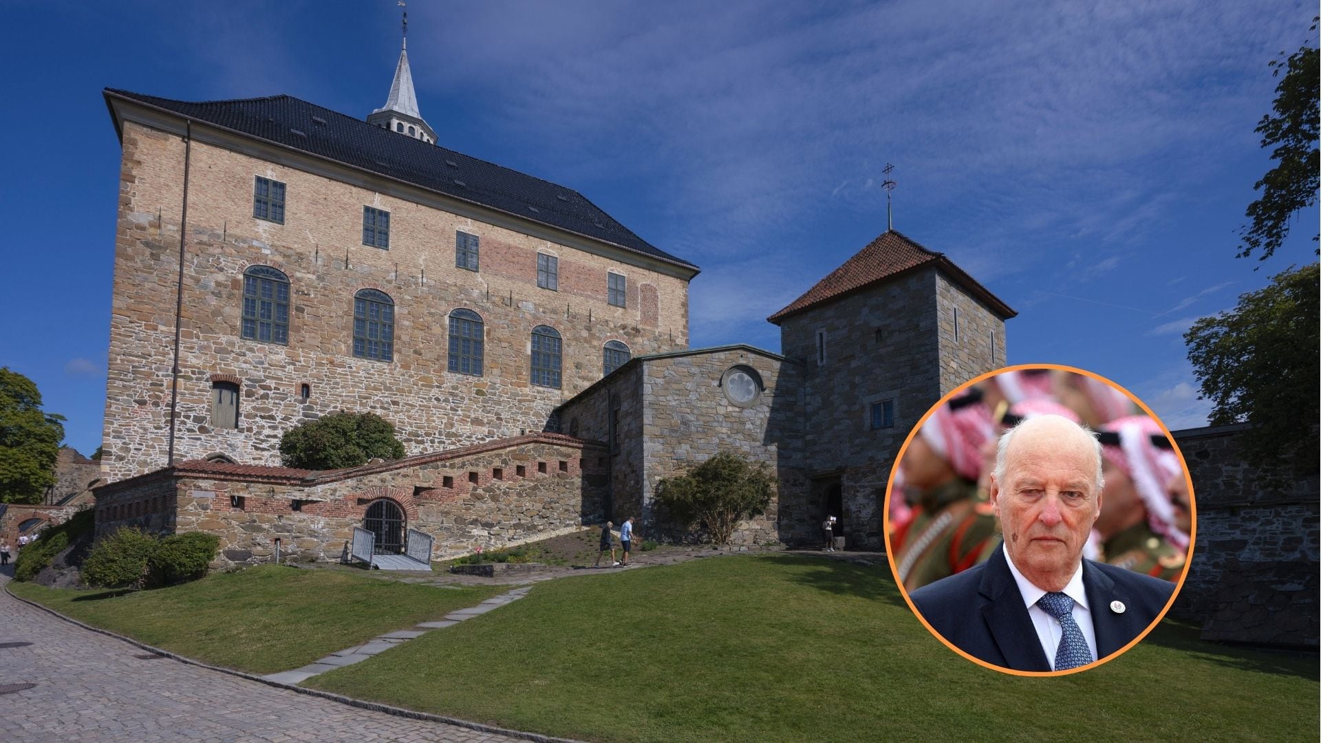 La fortaleza de Akershus y el rey Harald V (MONTAJE INFOBAE).