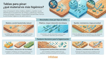 Infografía que compara tablas para picar de madera, plástico y bambú, mostrando la presencia o eliminación de bacterias y propiedades.