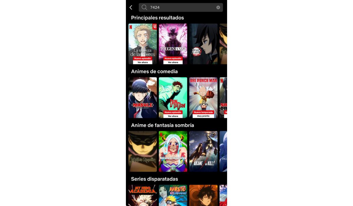 ChatGPT dijo:
Al ingresar el código 7424 aparecen contenidos de anime, como ‘Naruto’, ‘My Hero Academia’, ‘Demon Slayer’ o ‘La nobleza de las flores’. (Netflix)