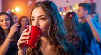 Adolescente bebiendo de un vaso rojo de plástico. Fondo borroso con personas y luces de colores.