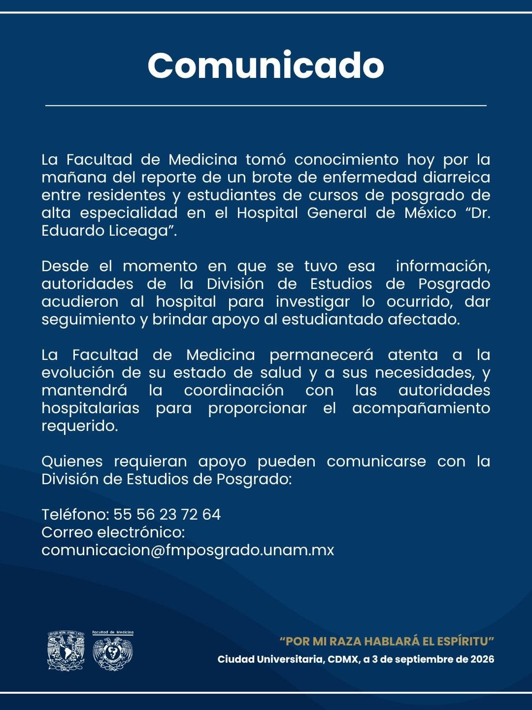 Un comunicado de la Facultad de Medicina de la UNAM informa sobre la atención a un brote de enfermedad diarreica entre residentes del Hospital General de México. (Facultad de Medicina)