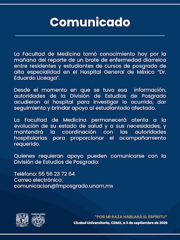 Documento con fondo azul que presenta el título Comunicado, un texto informativo con datos de contacto y los emblemas de la UNAM al pie