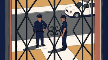 Ilustración de una reja de hierro en primer plano con dos policías en la acera y un vehículo blanco estacionado al fondo.
