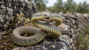 Una serpiente enroscada de escamas verdes y amarillas sobre una roca, con la boca abierta y la lengua extendida.