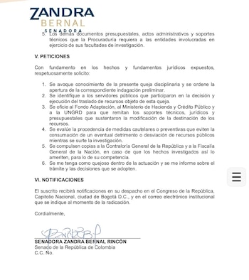 La querella busca que se entreguen soportes al Fondo Adaptación, Hacienda y la Ungrd - crédito prensa Zandra Bernal