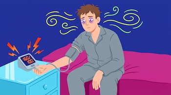 Persona adulta con ojeras sentada en cama, sostiene tensiómetro digital en brazo izquierdo que marca presión alta, destellos y líneas onduladas.