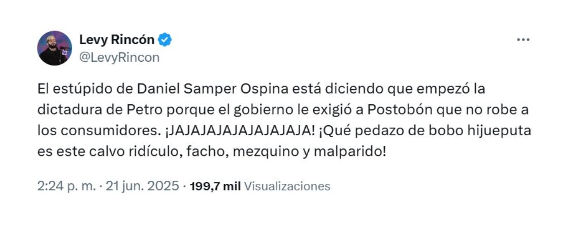 Reacciones en redes tras comentario de Daniel Samper por sanción de la SIC a Postobón - crédito @LevyRincon/X