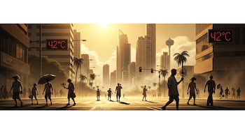Ciudad con edificios altos, palmeras y personas caminando. Dos termómetros digitales en postes de luz marcan 42 grados Celsius.