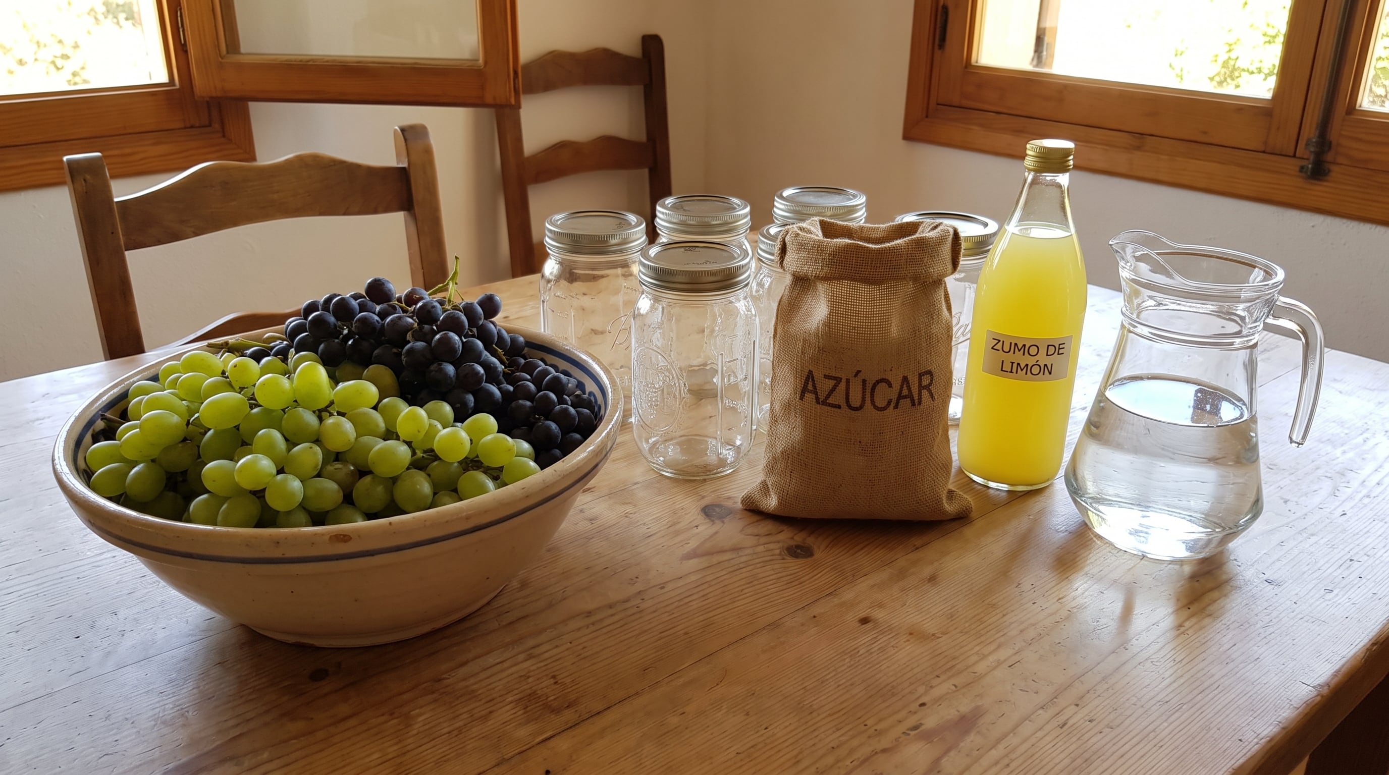 Un recipiente con uvas verdes y negras reposa junto a varios tarros de vidrio, un saco de azúcar, una botella de zumo de limón y una jarra de agua sobre una mesa. (Imagen Ilustrativa Infobae)