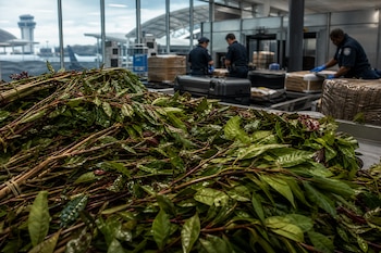 Ramas con hojas verdes apiladas en primer plano con tres agentes de aduanas y cajas de cartón al fondo.