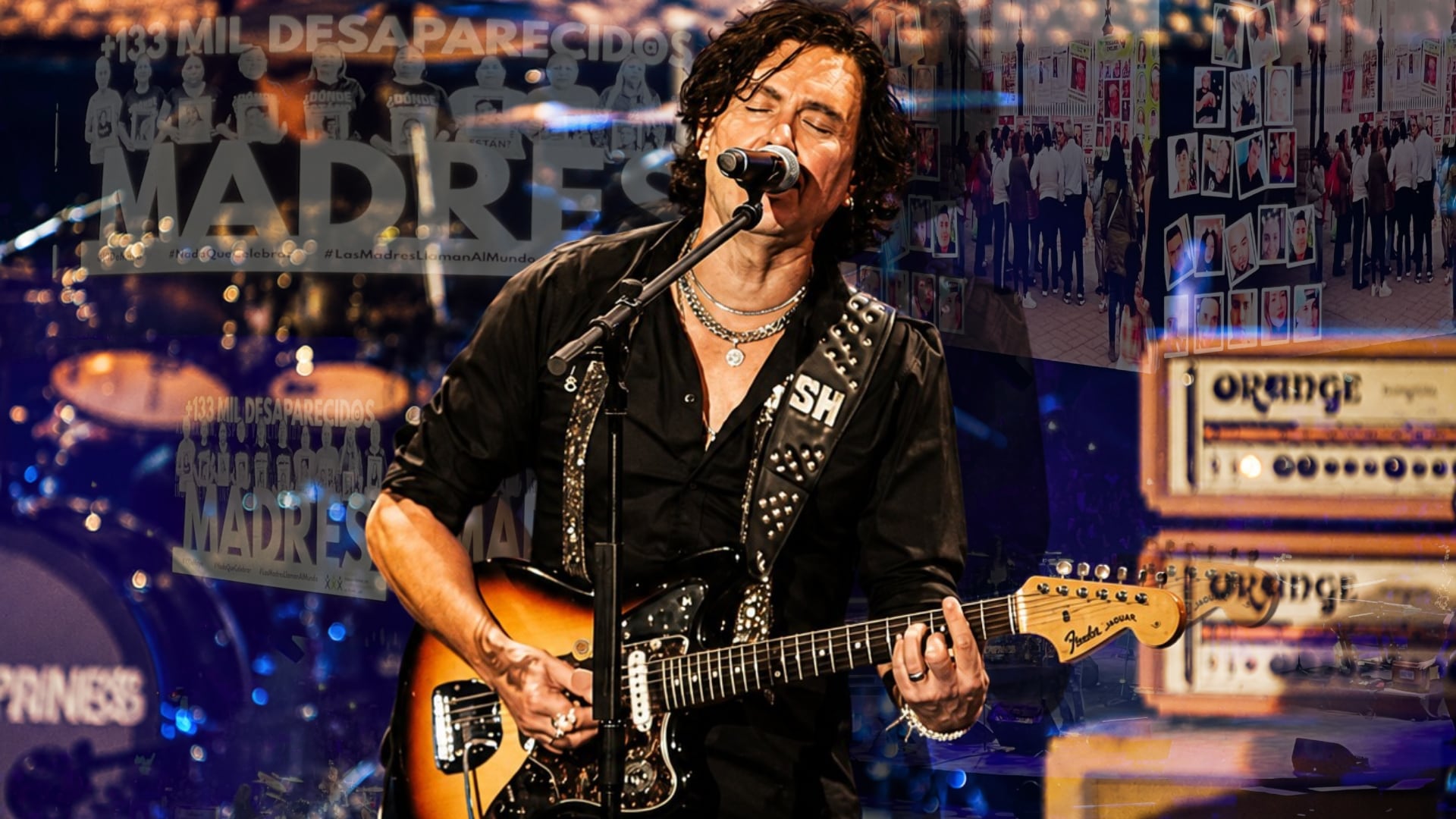 Saúl Hernández, líder de Caifanes, se presenta en concierto mientras la imagen se fusiona con un mensaje de protesta por los más de 133 mil desaparecidos y sus madres. (Instagram: Caifanes / Especial Infobae)