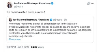 José Manuel Restrepo mostró su desacuerdo frente a las palabras del presidente sobre Venezuela - crédito @jrestrp