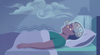 Ilustración de una persona acostada en la cama con los ojos cerrados. Sobre su cabeza hay nubes borrosas, sobre su estómago líneas onduladas, y en su cabeza engranajes y destellos.