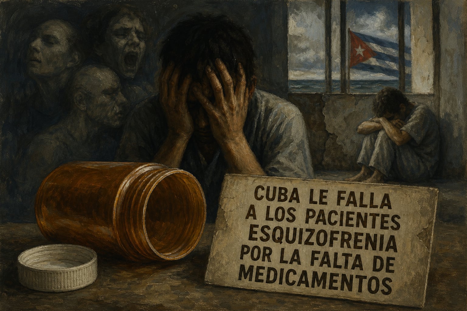 Una ilustración al óleo representa la situación de los pacientes con esquizofrenia ante la escasez de medicamentos en Cuba. (Imagen Ilustrativa Infobae)