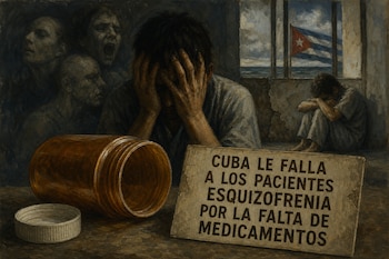 Un hombre con las manos en la cabeza junto a un frasco vacío, un cartel con texto y la bandera de Cuba visible por la ventana.