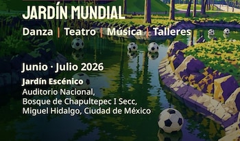 Ilustración estilizada de un parque con un río o canal verde brillante, rocas púrpuras, árboles y balones de fútbol flotando en el agua, con texto del evento