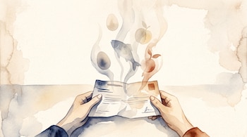 Ilustración en acuarela de dos manos que sostienen un papel sobre una mesa, del cual asciende vapor con siluetas de pescado, huevos y frutas.