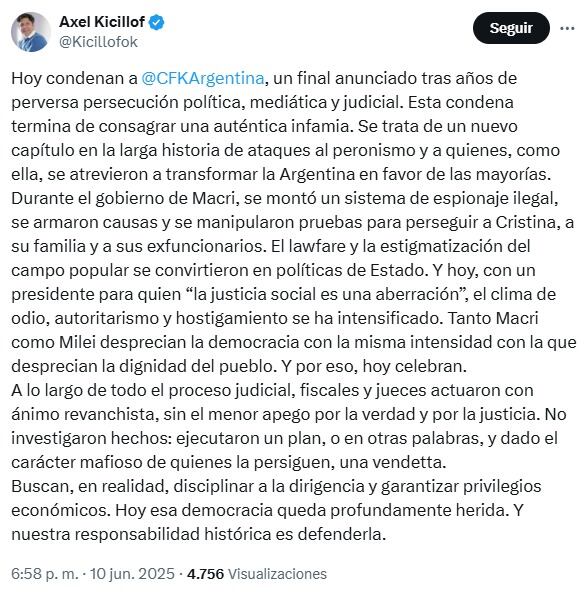 Kicillof apuntó contra Milei y Macri, además de respaldar a Cristina