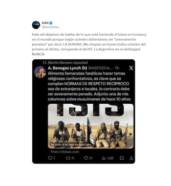 Captura de pantalla de una publicación en la red social X con mensajes de texto de las cuentas de Daniel Parisini y Alberto Benegas Lynch (h)