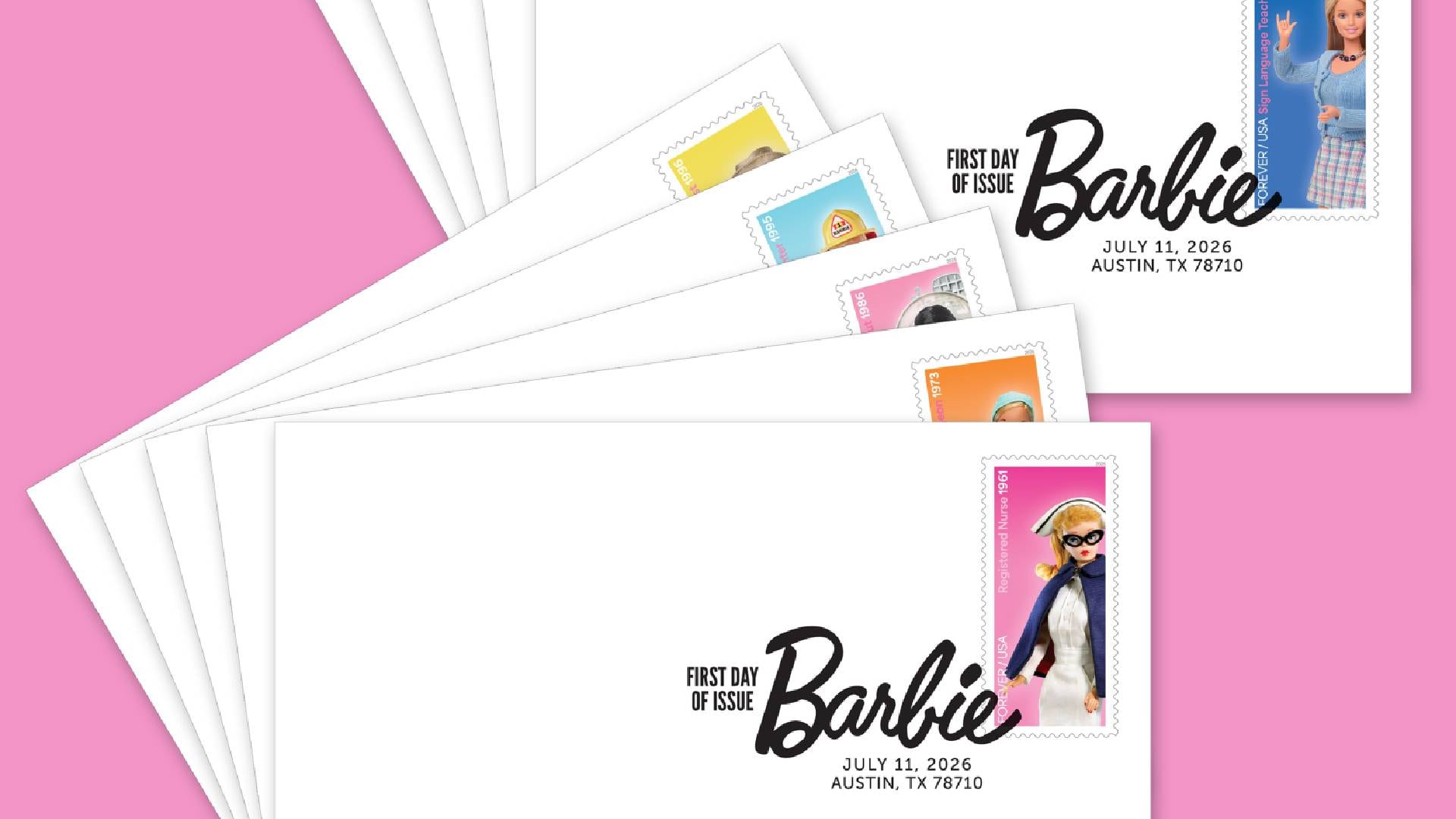 La presentación oficial de las estampillas de Barbie del USPS se realizó en la Convención Nacional de Coleccionistas de Muñecas Barbie en Austin, Texas (USPS)