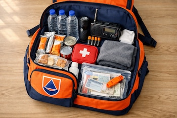 Mochila naranja y azul abierta con botellas de agua, alimentos no perecibles, linterna, radio, pilas, botiquín, prenda de abrigo, documentos y silbato. Logo INDECI.