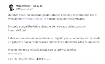 Miguel Uribe se solidarizó con el expresidente Álvaro Uribe tras ser acusado formalmente por la Fiscalía - crédito @MiguelUribeT/X