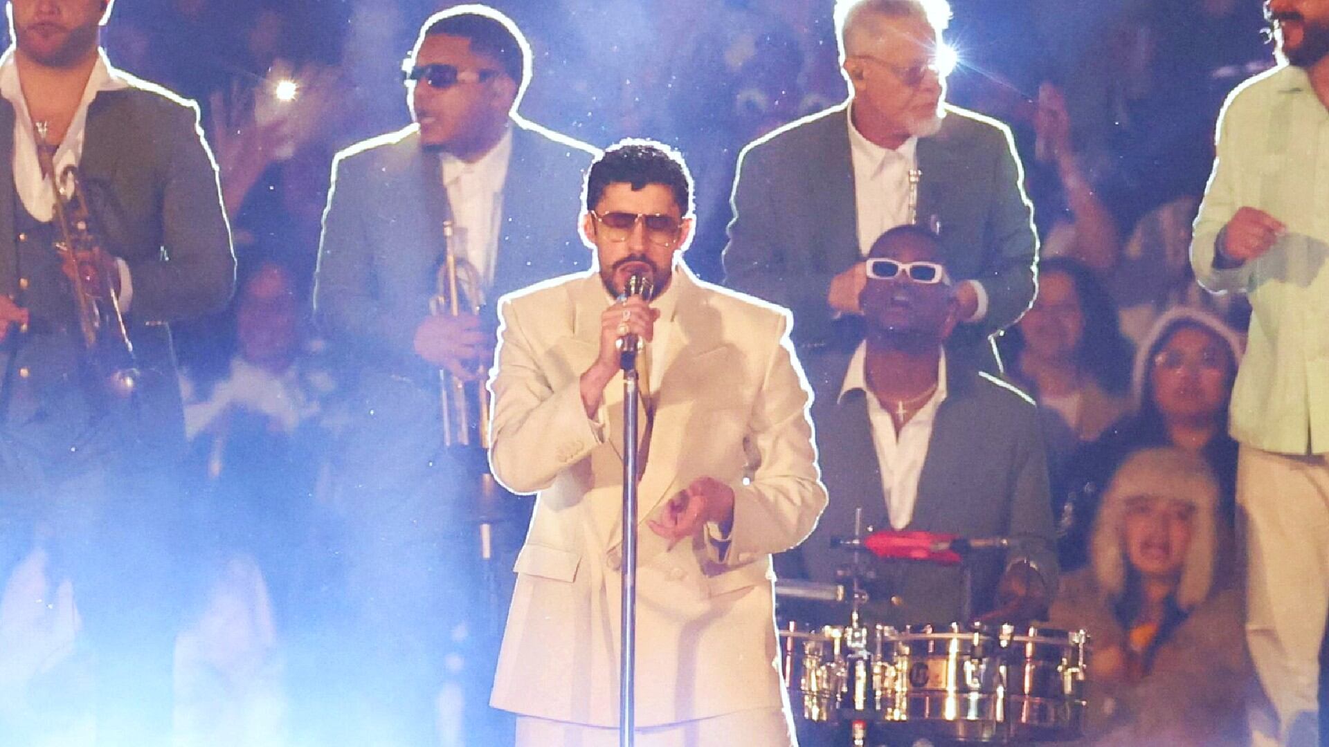 Puerto Rican singer Bad Bunny performs during a concert of his