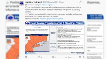 Captura de pantalla de un tuit del NWS de Nueva York detallando una alerta de calor, tormentas y riesgo de inundaciones, con un mapa de la región