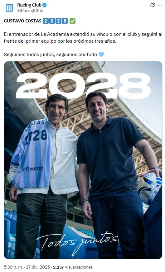 Racing confirmó la continuidad de Costas