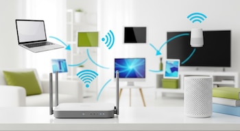 Router WiFi moderno blanco con antenas sobre una superficie, con símbolos de WiFi y flechas azules conectando varios dispositivos electrónicos desenfocados en un hogar luminoso.