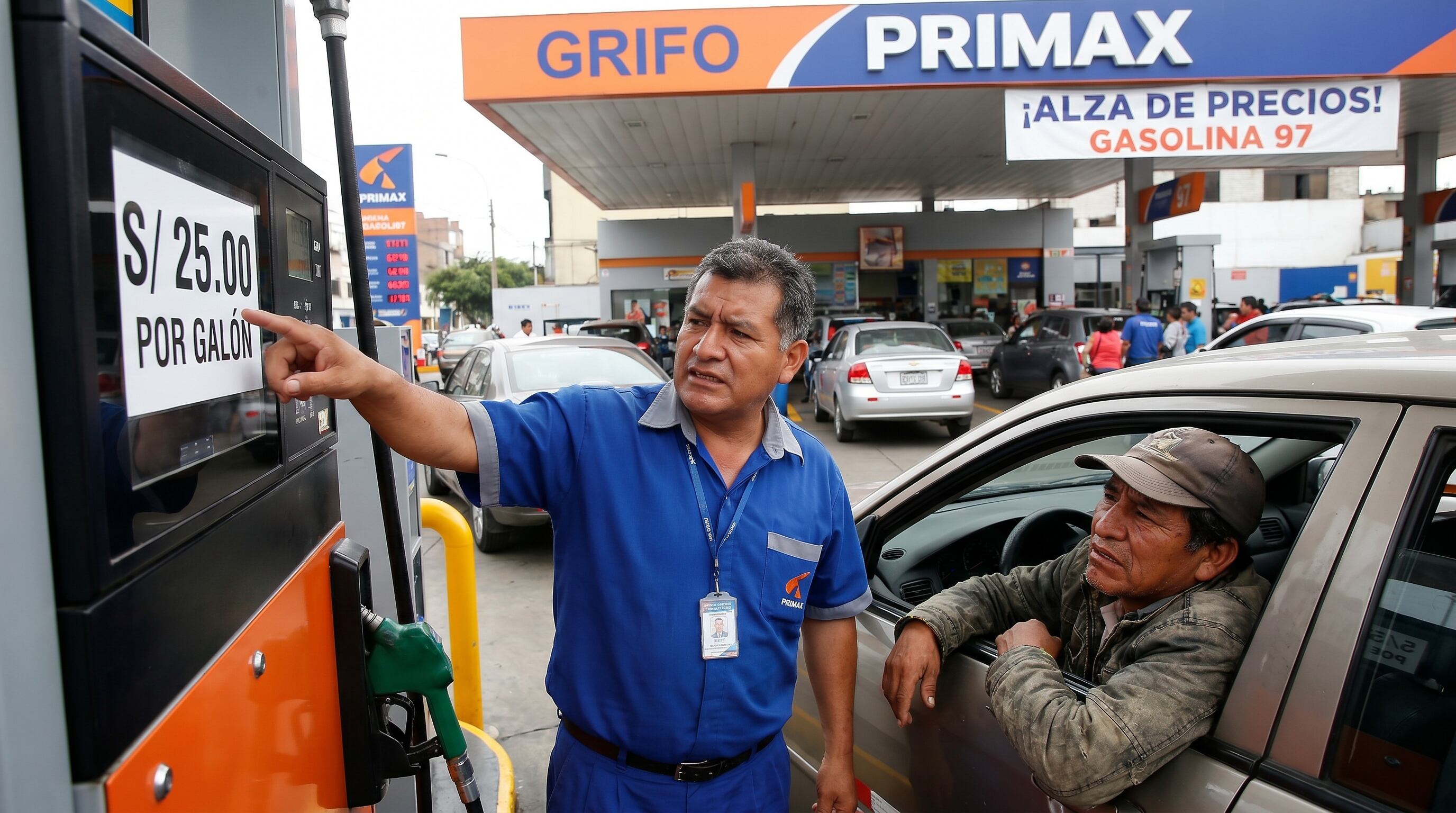 Un despachador de gasolina de Primax señala el precio de S/ 25.00 por galón a un conductor visiblemente preocupado en un grifo de Perú, reflejando el impacto del alza. (Imagen Ilustrativa Infobae)