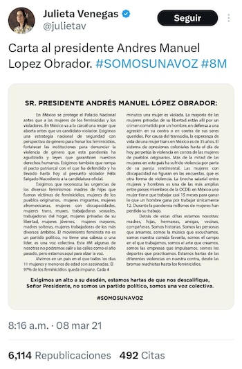 Captura de pantalla de un tuit de Julieta Venegas mostrando su perfil y una carta abierta dirigida a Andrés Manuel López Obrador con texto sobre feminicidios