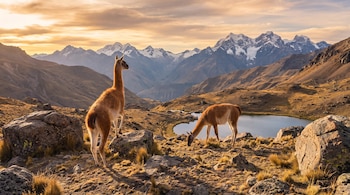 Dos guanacos, uno de pie sobre una roca y otro bebiendo agua de un lago, en un terreno rocoso y seco. Montañas nevadas y cielo con nubes doradas.