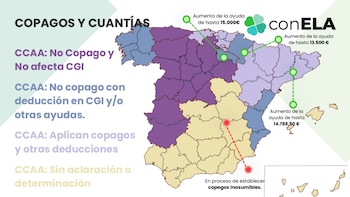 Mapa que muestra la implantación de copagos para las ayudas de la ELA en cada comunidad autónoma.