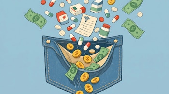 Ilustración de un bolsillo de mezclilla recibiendo billetes, monedas, pastillas, cápsulas, cajas de medicinas y una receta en un fondo azul claro.