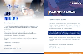 Dos avisos de universidades sobre una interrupción de la plataforma Canvas, con logos institucionales, un candado digital y manos escribiendo en un teclado