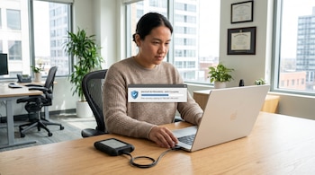 Una mujer en una oficina moderna realiza una copia de seguridad de archivos desde su computadora portátil a un disco externo; en pantalla, una barra de progreso de respaldo.