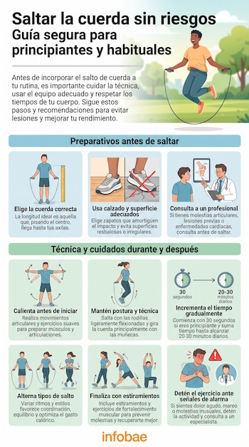 Infografía: título Saltar la cuerda sin riesgos, persona saltando, nueve ilustraciones con instrucciones para el ejercicio. Logotipo Infobae.