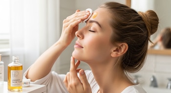 Mujer joven con moño alto, ojos cerrados, aplicando un tónico facial de linaza amarillo en la frente con un algodón redondo. Se ven botellas de productos en un tocador.