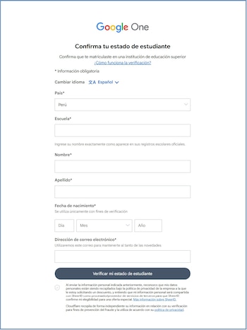 Formulario en línea de Google One con campos para ingresar país, escuela, nombre, apellido, fecha de nacimiento y correo electrónico