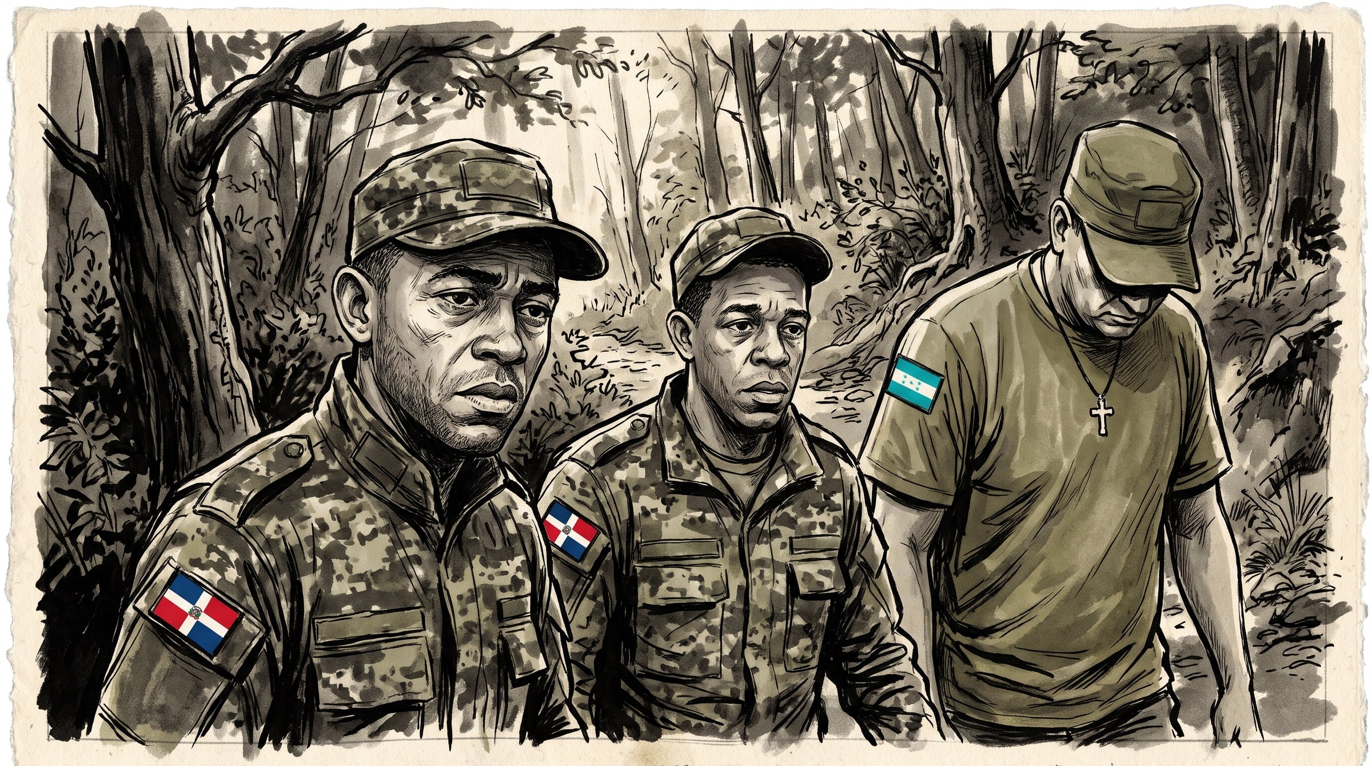 Tres hombres con distintivos de la República Dominicana y Honduras recorren un sendero boscoso en una ilustración realizada a tinta china. (Imagen Ilustrativa Infobae)