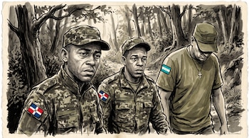 Dibujo a tinta de tres hombres en un bosque, dos con uniforme de camuflaje dominicano y uno con camiseta verde y bandera de Honduras.