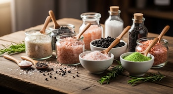 Primer plano de sales gourmet de varios colores en frascos y cuencos, con cucharas de madera, pimienta y romero sobre una mesa de madera rústica.