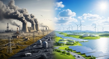 Imagen dividida que muestra a la izquierda una planta industrial con chimeneas humeantes y a la derecha un paisaje con turbinas eólicas y paneles solares.