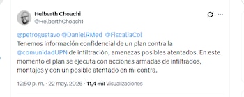 El rector de la Universidad Pedagógica, Helberth Choachí, denunció un presunto plan de infiltración y posibles atentados en contra de la comunidad universitaria y de él - crédito @HelberthChoach1/X