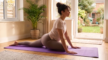 Una mujer hace yoga sobre una esterilla morada en un salón con suelo de madera, una planta en maceta y acceso al jardín.