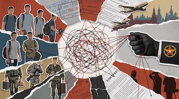 Siluetas de jóvenes, exmilitares, telaraña, mano con logo del Ejército ruso, sellos migratorios, contratos en cirílico, aviones, silueta de Moscú.