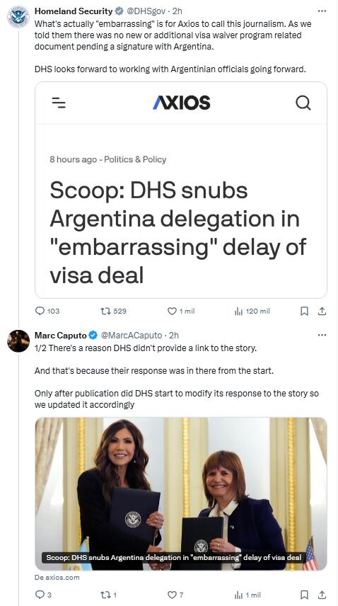 El Departamento de Seguridad Nacional negó que existiera un documento pendiente de firma con el gobierno argentino