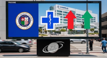 Cartelera digital en una calle de Los Ángeles con el escudo del Condado de Los Ángeles, una cruz médica azul, flechas ascendentes rojas y verdes, un hospital y una moneda girando.